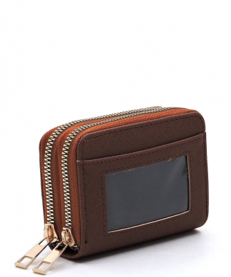 Saffiano Accordion Card Holder Double Zip Wallet SA014 BROWN
